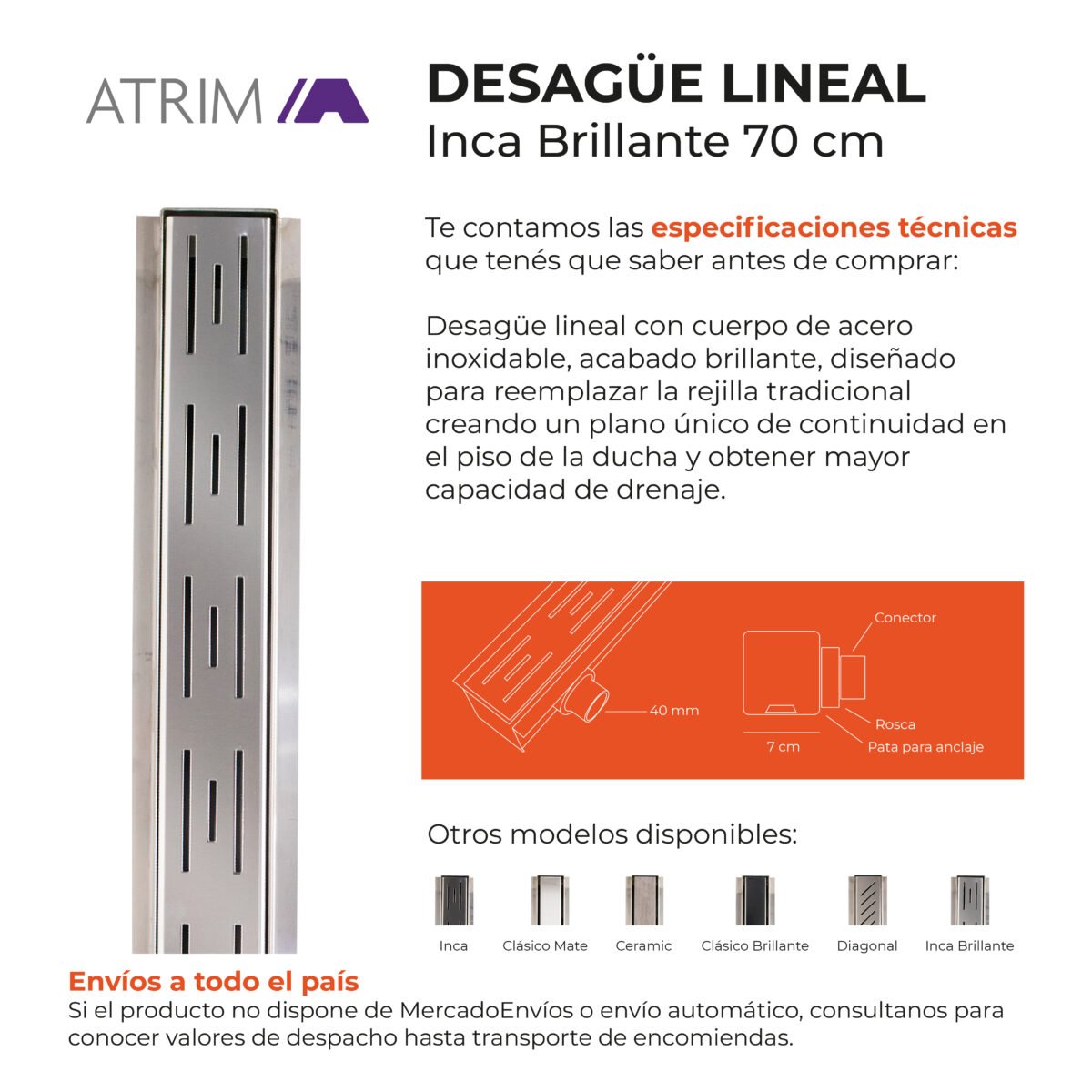 Desagüe Lineal Atrim Aqua Inca 70 cm Acero Inoxidable Brillante - Image 3