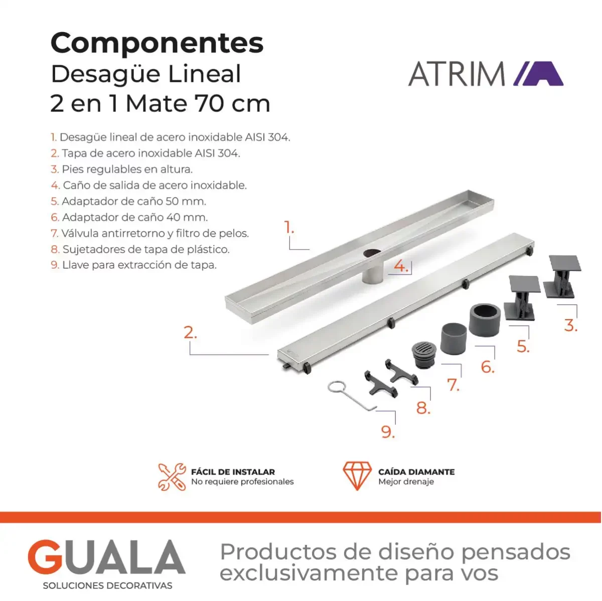 Desagüe Lineal Atrim 2 en 1 Aqua 70 cm Acero Inoxidable Mate - Image 6